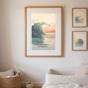 Ocean Wave Art Print framed in a coastal dining room setting