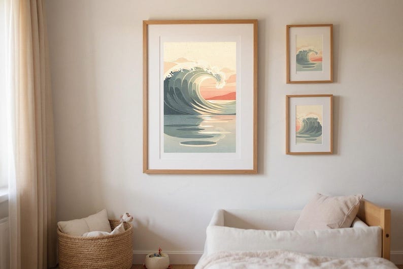 Ocean Wave Art Print framed in a coastal dining room setting