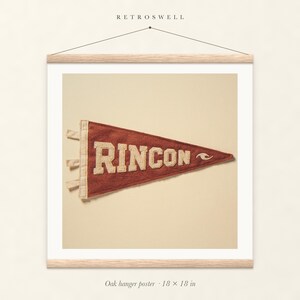 Rincon Surf Pennant oak hanger poster, 18 by 18 inches, with natural wood rails and a hanging cord.
