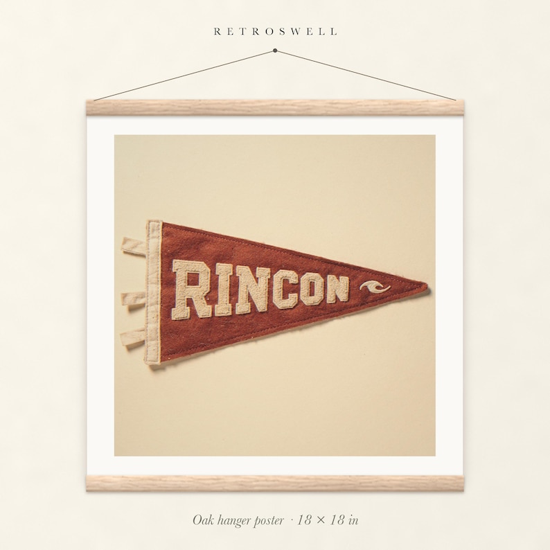Rincon Surf Pennant oak hanger poster, 18 by 18 inches, with natural wood rails and a hanging cord.