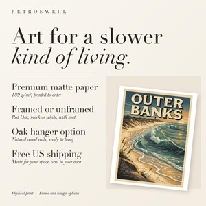 RetroSwell print details for Outer Banks Surf: premium 189 g/m² matte paper, framed or unframed, oak hanger option, free US shipping.