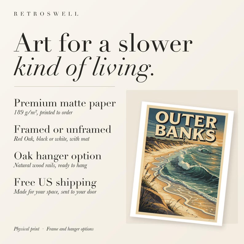 RetroSwell print details for Outer Banks Surf: premium 189 g/m² matte paper, framed or unframed, oak hanger option, free US shipping.