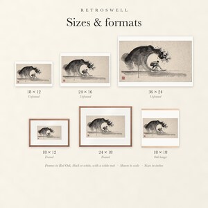 Sizes and formats for Surfer in the Barrel Xieyi Ink, shown to scale: unframed prints, framed prints and the oak hanger.