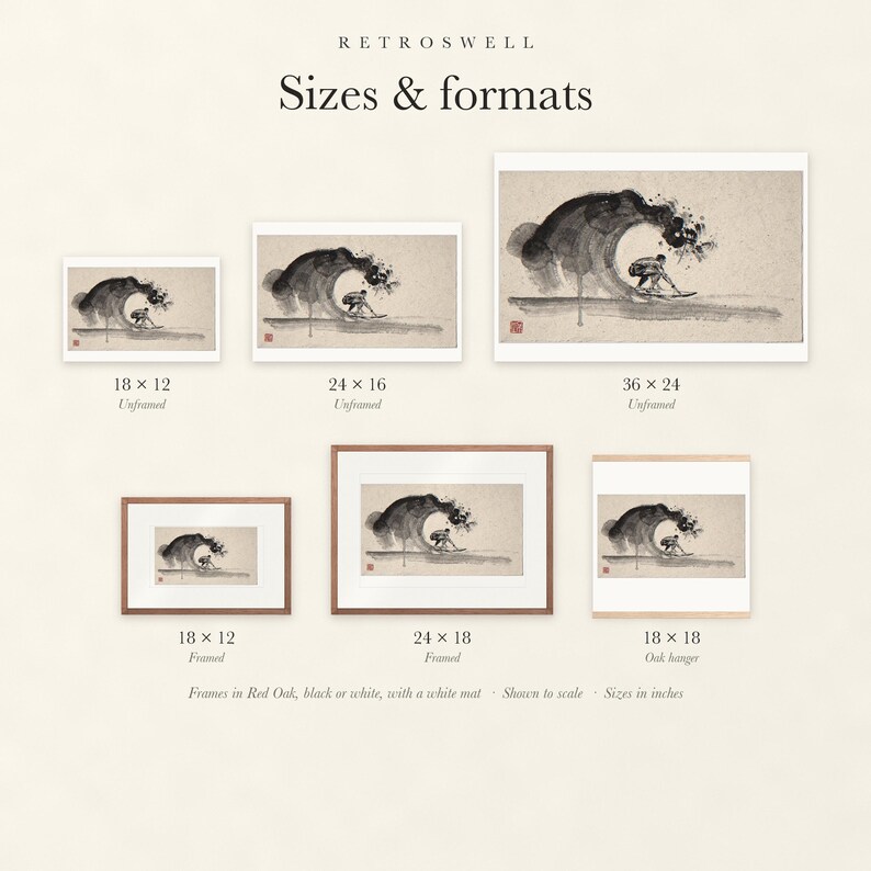 Sizes and formats for Surfer in the Barrel Xieyi Ink, shown to scale: unframed prints, framed prints and the oak hanger.