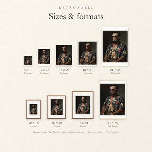 Sizes and formats for Abraham Lincoln, shown to scale: unframed prints from 8 by 10 to 24 by 36 inches, oak hanger and framed prints.