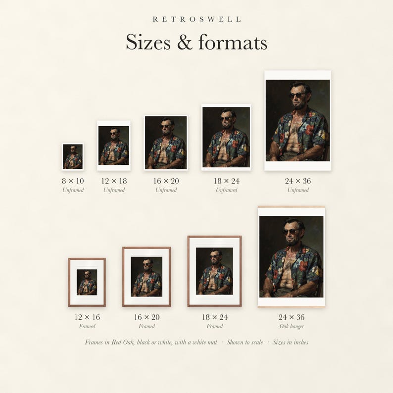 Sizes and formats for Abraham Lincoln, shown to scale: unframed prints from 8 by 10 to 24 by 36 inches, oak hanger and framed prints.