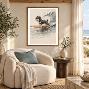 Impressão artística de um Schnauzer Miniatura surfando | Arte de parede em aquarela com cachorro (Download digital) imagem 5