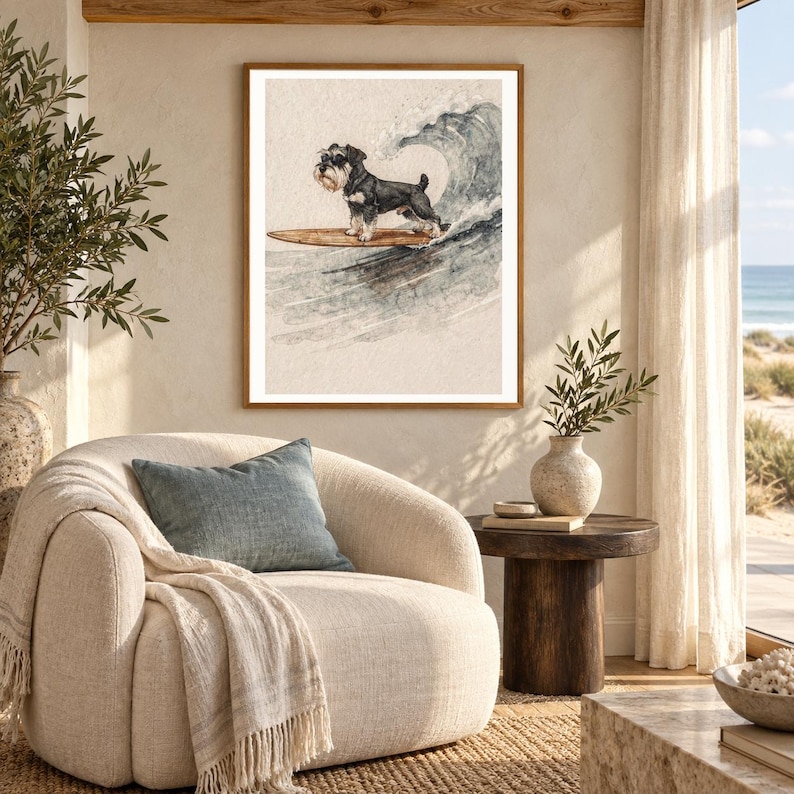 Impressão artística de um Schnauzer Miniatura surfando | Arte de parede em aquarela com cachorro (Download digital) imagem 5