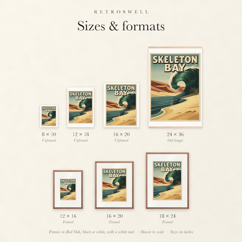 Sizes and formats for Skeleton Bay Namibia Surf, shown to scale: unframed prints, oak hanger and framed prints.