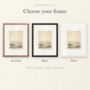 Frame options for Layered Waves Ink Style: Red Oak, black and white wood frames, each with a white mat.