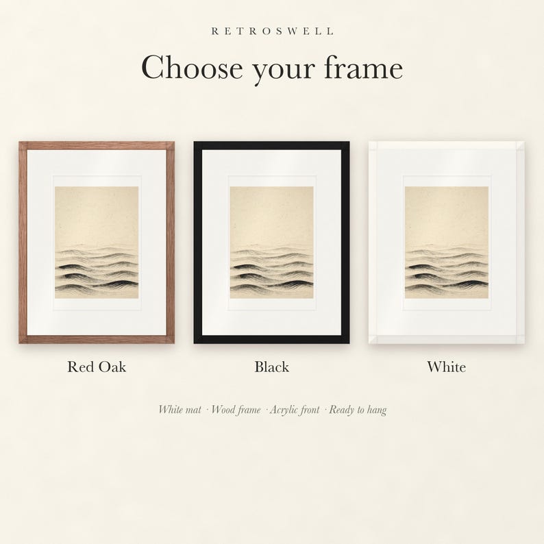 Frame options for Layered Waves Ink Style: Red Oak, black and white wood frames, each with a white mat.