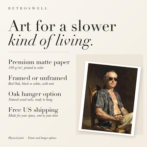RetroSwell print details for Calvin Coolidge Surfer: premium 189 g/m² matte paper, framed or unframed, oak hanger option, free US shipping.
