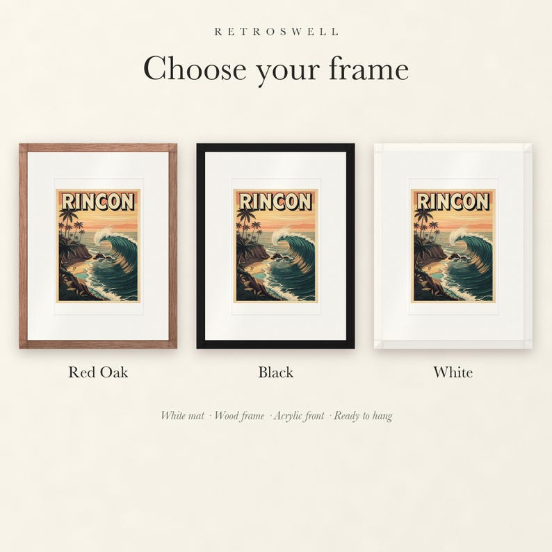 Frame options for Rincon Surf: Red Oak, black and white wood frames, each with a white mat.