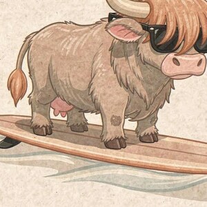 Highland Cow Surfing Print, Cute Coastal Nursery Decor, Cow with Sunglasses on Longboard, Printable Wall Art Digital Download image 4