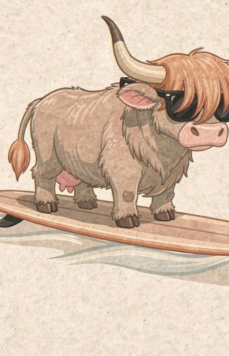 Highland Cow Surfing Print, Cute Coastal Nursery Decor, Cow with Sunglasses on Longboard, Printable Wall Art Digital Download image 4
