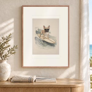 French Bulldog Surfing Art Print, Framed or Unframed Watercolor Style Dog Poster image 2