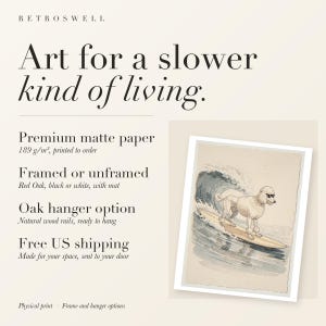 RetroSwell print details for Poodle Surfing: premium 189 g/m² matte paper, framed or unframed, oak hanger option, free US shipping.
