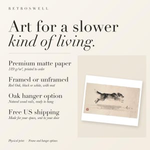 RetroSwell print details for Dog Chasing a Stick Xieyi Ink: premium 189 g/m² matte paper, framed or unframed, oak hanger option, free US shipping.