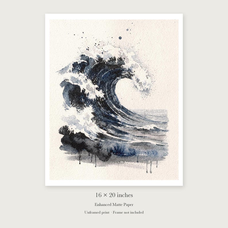 Storm Wave Watercolor unframed 16 by 20 inch print on enhanced matte paper, shown with its white paper border.