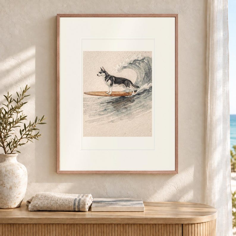 Husky Surfing Art Print, Coastal Dog Poster on Matte Paper, Framed or Unframed image 12