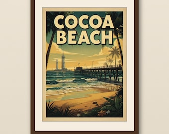 Póster de surf de Cocoa Beach, Florida / Lámina de viaje vintage / Arte mural costero / Decoración de playa imprimible / Descarga digital