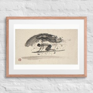 Surfer Duck Dive Xieyi Ink print in a Red Oak 24 by 18 inch frame with a white mat on a white brick wall.