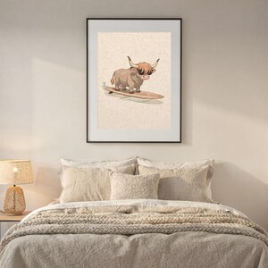 Highland Cow Surfing Print, Cute Coastal Nursery Decor, Cow with Sunglasses on Longboard, Printable Wall Art Digital Download image 7