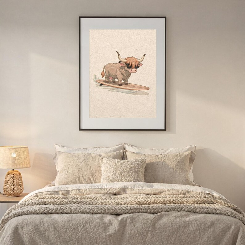 Highland Cow Surfing Print, Cute Coastal Nursery Decor, Cow with Sunglasses on Longboard, Printable Wall Art Digital Download image 7