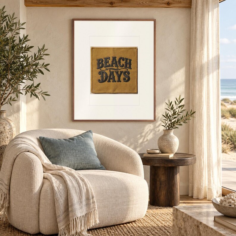 Beach Days Patch print in a Red Oak frame with a white mat in a light-filled coastal sitting room.