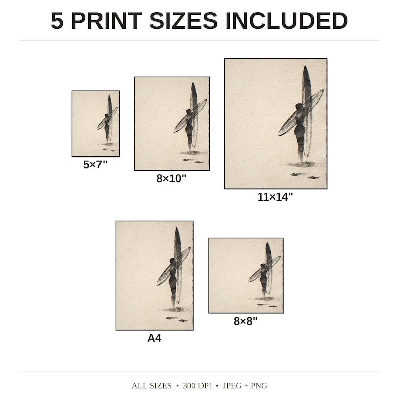 Sumi-e Dawn Patrol Surfer Print - available print sizes: 5x7, 8x10, 11x14, A4, and square