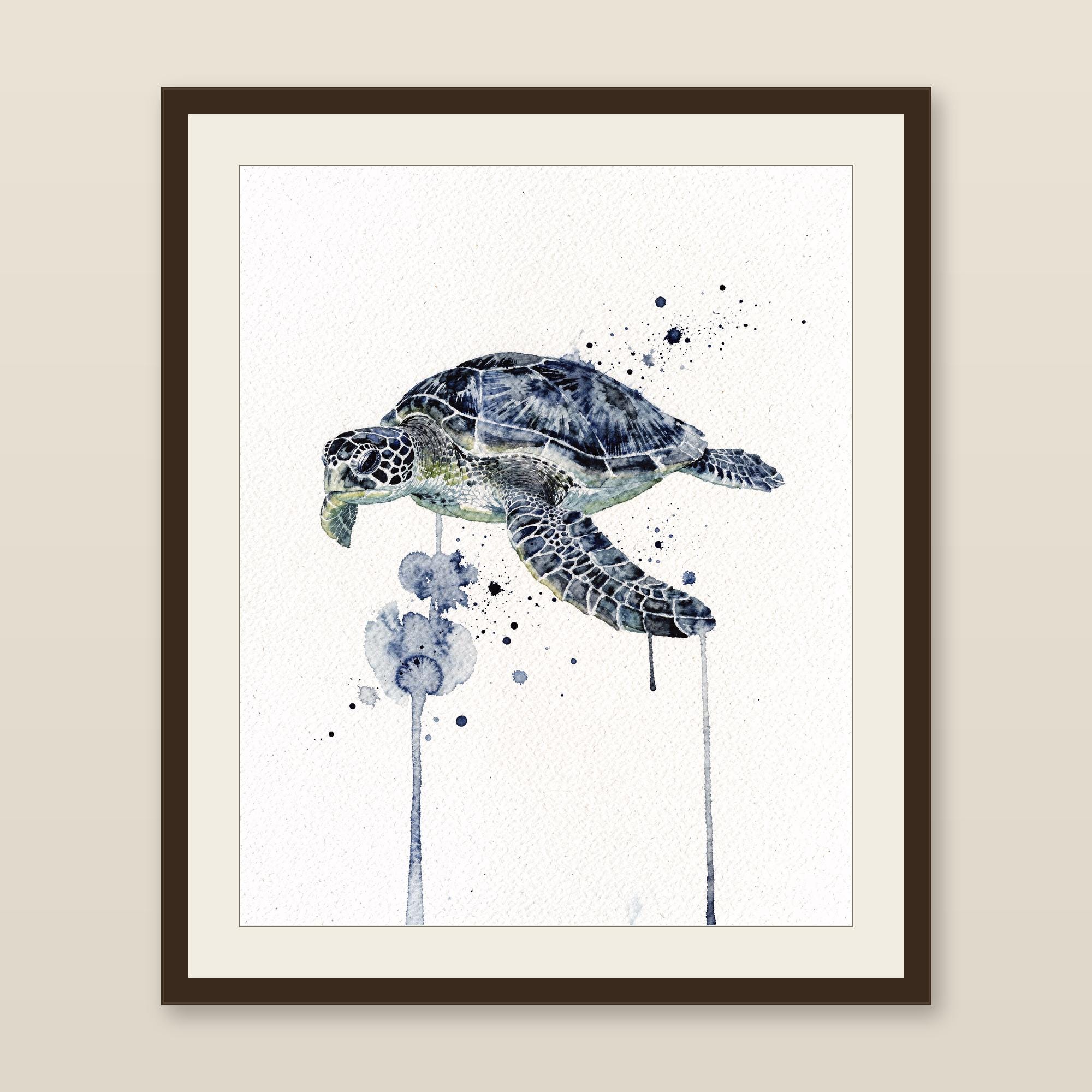 Sea Turtle Watercolor Print Coastal Wall Art Indigo Blue Ocean Painting Beach House Decor Printable Wall Art Digital Download