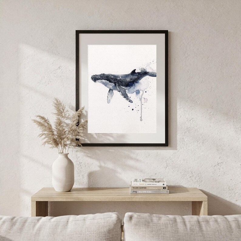 Humpback Whale Watercolor Print, Indigo Whale Painting, Coastal Wall Art, Ocean Nursery Decor, Beach House Printable Wall Art Digital Downlo image 6
