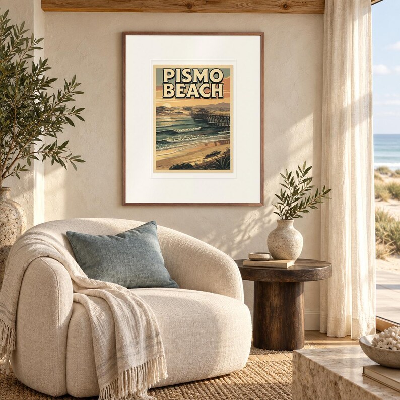 Pismo Beach Surf print in a Red Oak frame with a white mat in a light-filled coastal sitting room.