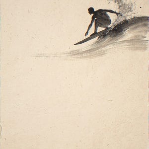 Surfer cutting back on wave unframed printed artwork and full composition with its paper border.