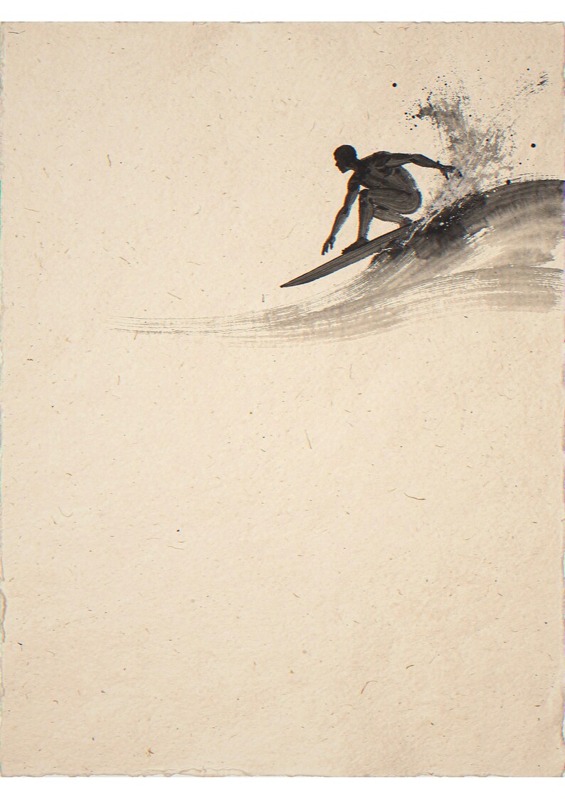Surfer cutting back on wave unframed printed artwork and full composition with its paper border.
