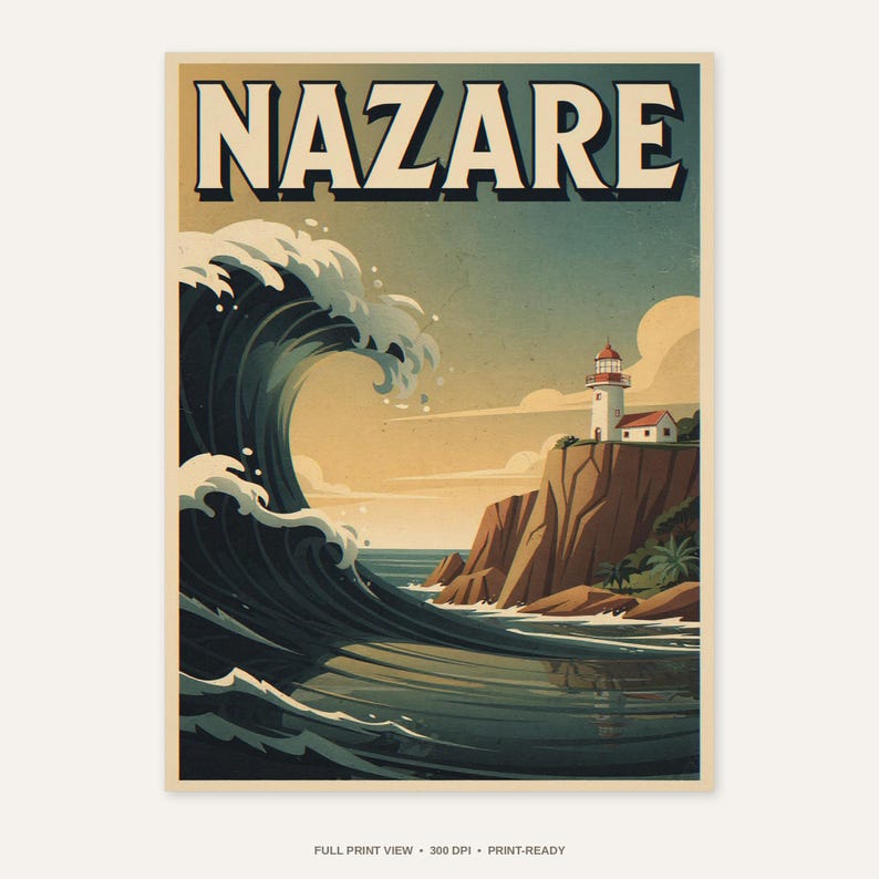 Nazare Portugal Surf Poster - full unframed print view, 300 DPI print-ready quality