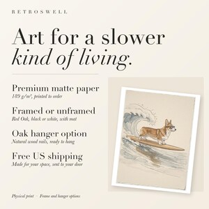 RetroSwell print details for Corgi Surfing: premium 189 g/m² matte paper, framed or unframed, oak hanger option, free US shipping.