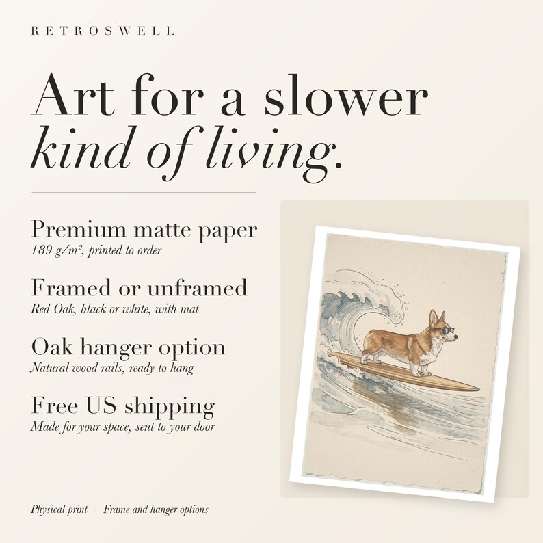 RetroSwell print details for Corgi Surfing: premium 189 g/m² matte paper, framed or unframed, oak hanger option, free US shipping.