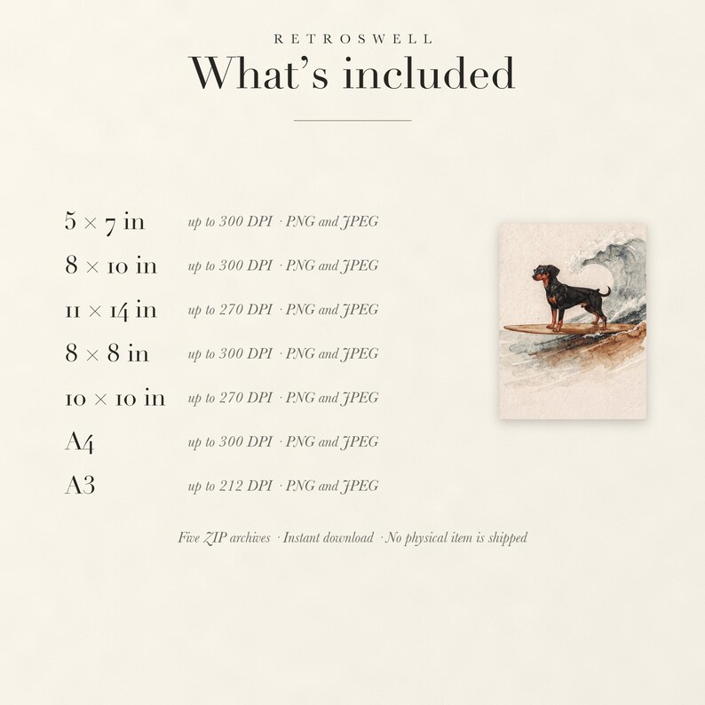 Files included with the Doberman surfing digital download: print sizes and resolutions.