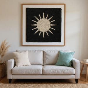Sun Embroidered Patch Print framed in a beach-style living room setting