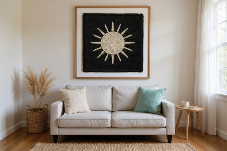 Sun Embroidered Patch Print framed in a beach-style living room setting