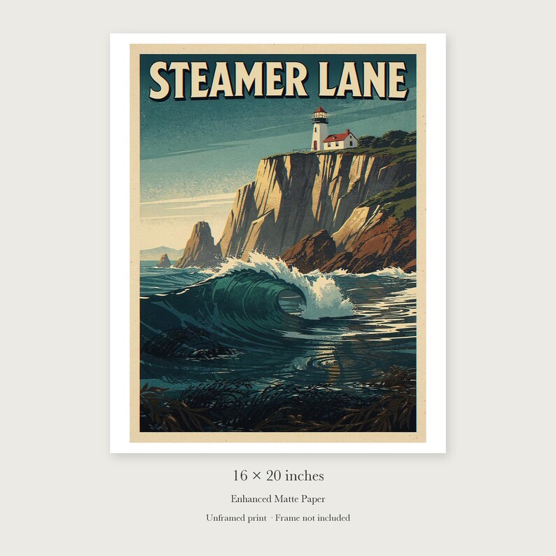 Steamer Lane Surf unframed 16 by 20 inch print on enhanced matte paper, shown with its white paper border.