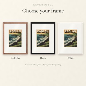 Frame options for Raglan New Zealand Surf: Red Oak, black and white wood frames, each with a white mat.