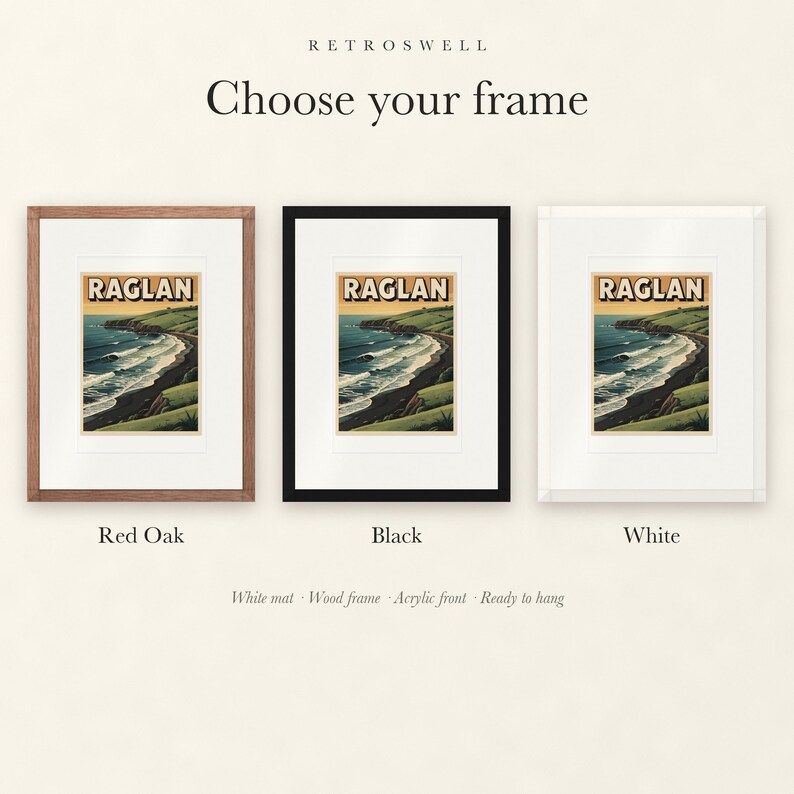Frame options for Raglan New Zealand Surf: Red Oak, black and white wood frames, each with a white mat.