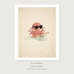 Surfing Octopus unframed 8 by 10 inch print on enhanced matte paper, shown with its white paper border.