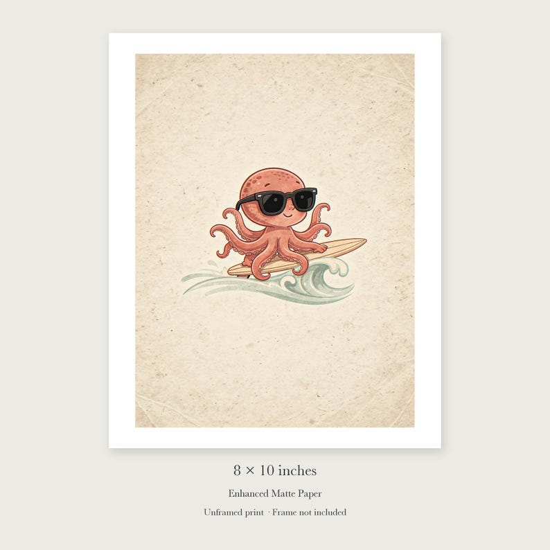 Surfing Octopus unframed 8 by 10 inch print on enhanced matte paper, shown with its white paper border.