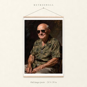 Dwight Eisenhower oak hanger poster, 24 by 36 inches, with natural wood rails and a hanging cord.
