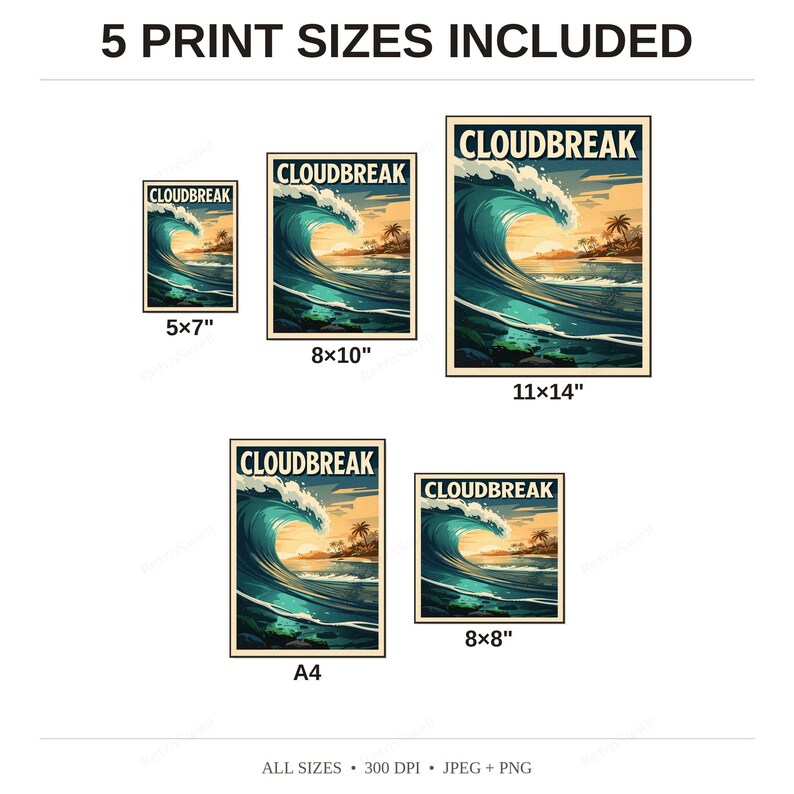 Cloudbreak Fiji Surf Poster - available print sizes: 5x7, 8x10, 11x14, A4, and square