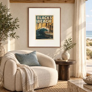 Blacks Beach Surf print in a Red Oak frame with a white mat in a light-filled coastal sitting room.