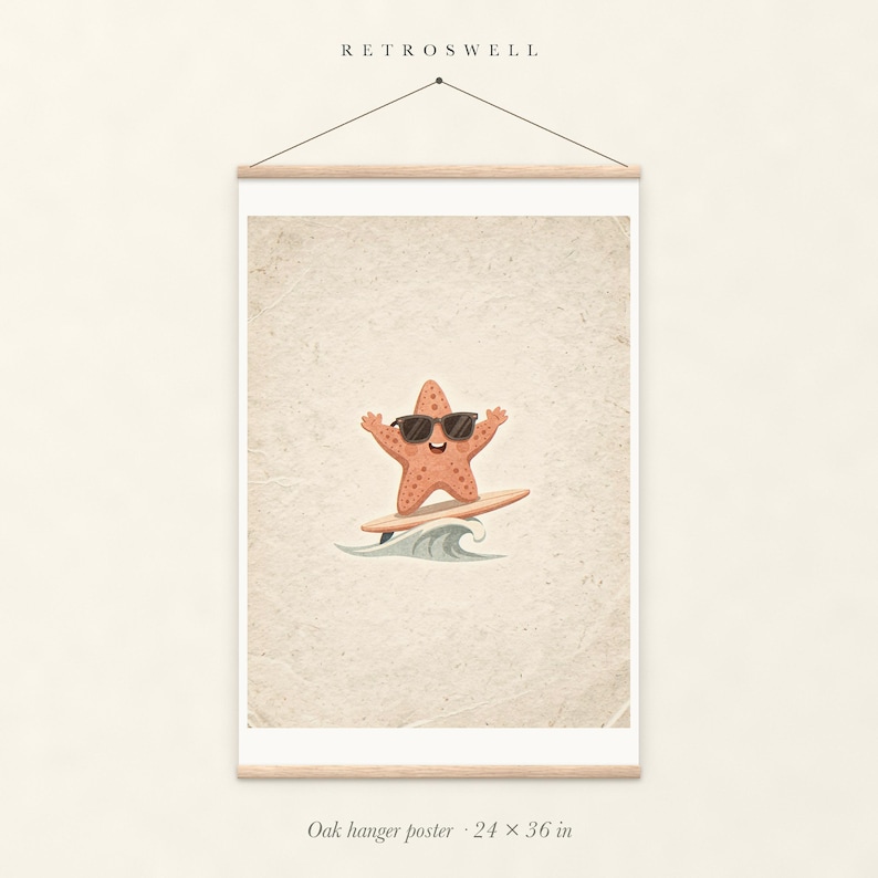Surfing Starfish oak hanger poster, 24 by 36 inches, with natural wood rails and a hanging cord.